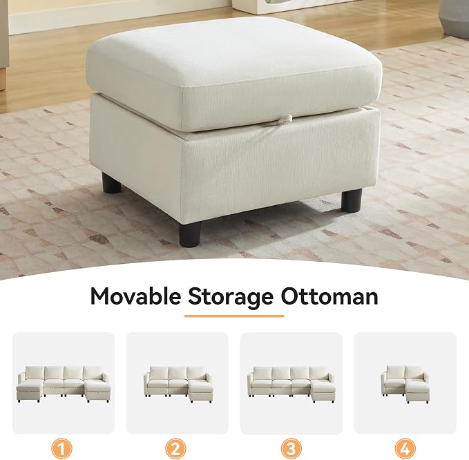 WUTUTUEE 83”L-Shaped Modular Sectional Sofa with Storage & Movable Ottoman, Convertible 4-Seat Reversible Chaise Chenille Couch for Living Room, Soft Beige Fabric, Modern Design