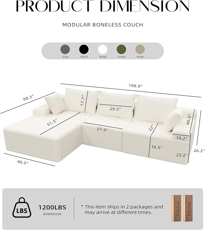 Lifelink 108" Boneless Couch L-Shaped - Modular Sectional Couches for Living Room Cloud Sofa with Deep Seat High Back Oversized Left Facing Chaise No Assembly Required