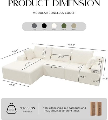 Lifelink 108" Boneless Couch L-Shaped - Modular Sectional Couches for Living Room Cloud Sofa with Deep Seat High Back Oversized Left Facing Chaise No Assembly Required