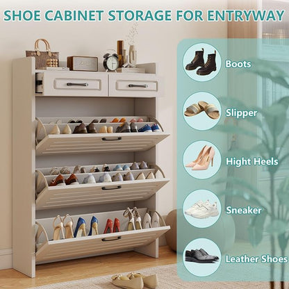 Shoe Cabinet with 3 Large Flip Drawers and 2 Storage Drawers, Narrow Shoe Organizer Cabinet Fits for Kinds of Shoes, Slim Shoe Storage Cabinet for Entryway, Hallway, White