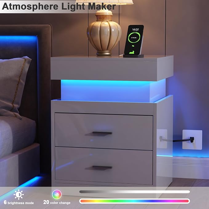 ChooChoo LED Nightstand with Charging Station, Smart Night Stand with Sliding Top Storage, 2-Drawers High Gloss Bedside Table, Modern End Table for Bedroom,White