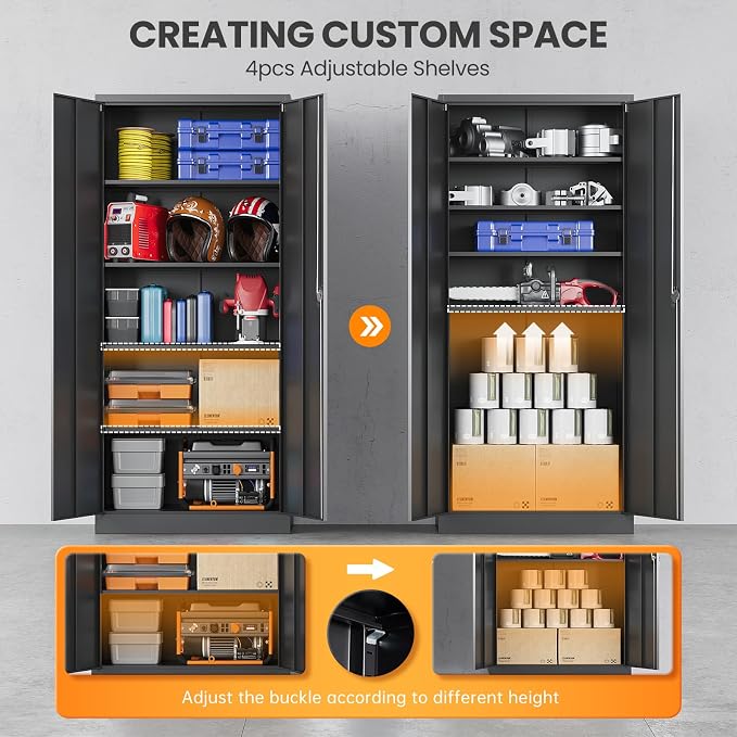Metal Garage Cabinets with Lock, 72" H Garage Storage Cabinet with 2 Doors and 4 Adjustable Shelves, Steel Locking Caninet Tall Tool Storage Cabinets, Lockable File Cabnet for Home Office