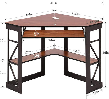 VECELO Corner Computer Desk 41 x 30 inches with Smooth Keyboard & Storage Shelves for Home Office Workstation, Teakwood Brown
