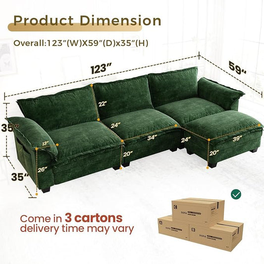 KKL 123 Inch L-Shaped Modular Sectional Sofa, 4 Seater Cloud Couch with Ottoman, Chenille Sectional Couches for Living Room, Apartment, Green