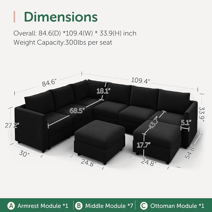 HONBAY Oversized Modular Sectional Sofa with Storage U Shape Sectional Sofa Set Velvet Sectional Couches for Living Room,Black