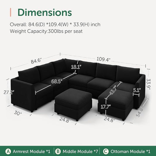 HONBAY Oversized Modular Sectional Sofa with Storage U Shape Sectional Sofa Set Velvet Sectional Couches for Living Room,Black