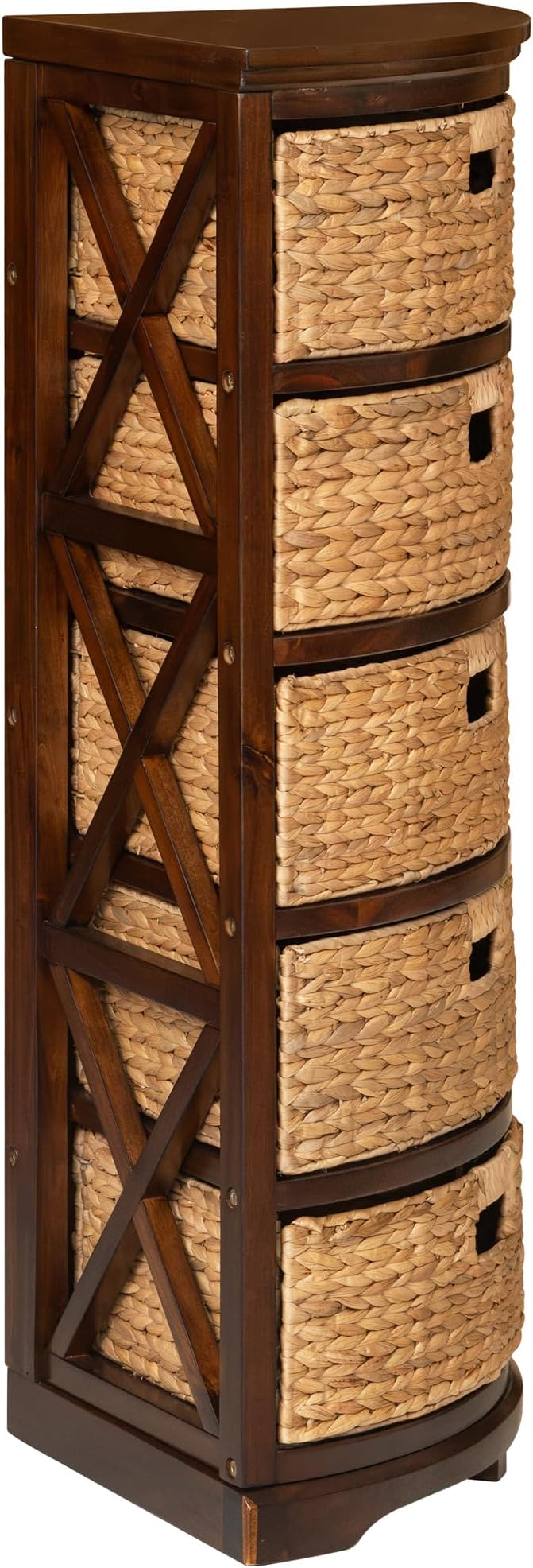 eHemco Hampton Meadows 5 Tier X-Side Corner Storage Cabinet, Walnut | 5 Wicker Baskets
