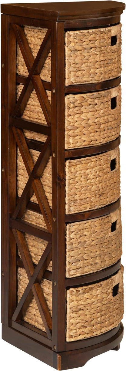 eHemco Hampton Meadows 5 Tier X-Side Corner Storage Cabinet, Walnut | 5 Wicker Baskets