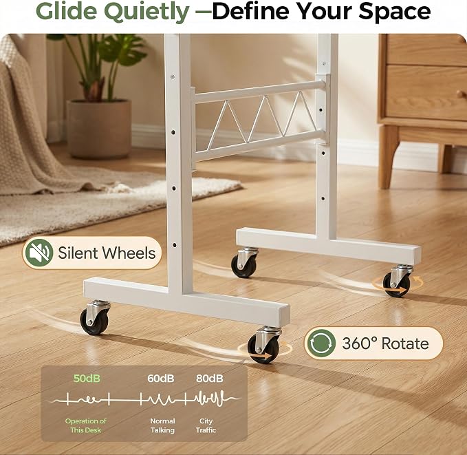 GTPLAYER Small Standing Desk Adjustable Height, 30.7"-46.4" Portable Computer Table Mobile Desk Workstation Stand Up Desk with Wheels Compact Rolling Table for Home Work Treadmill Walking Pad White