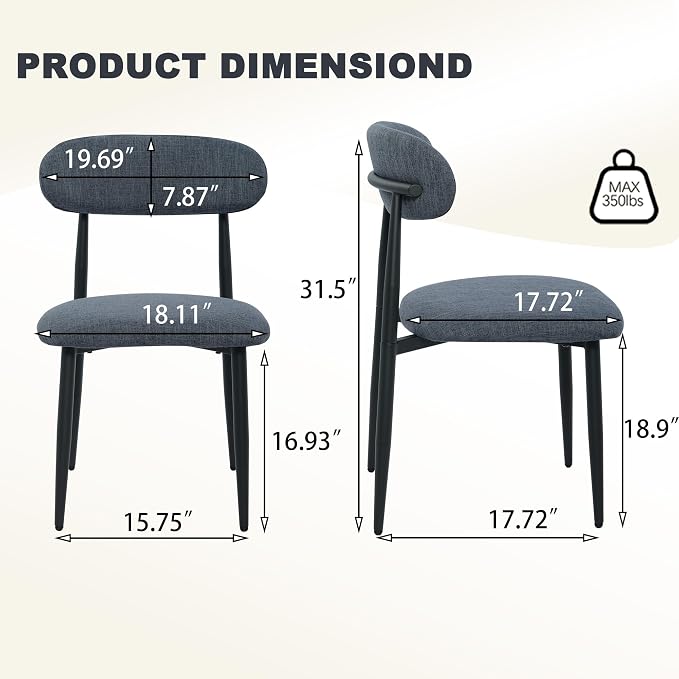 FREKEN Modern Upholstered Dining Chairs Set of 6, Mid-Century Metal Frame Linen Fabric Side Chair for Kitchen Dining Room, 350lbs Capacity, Grey