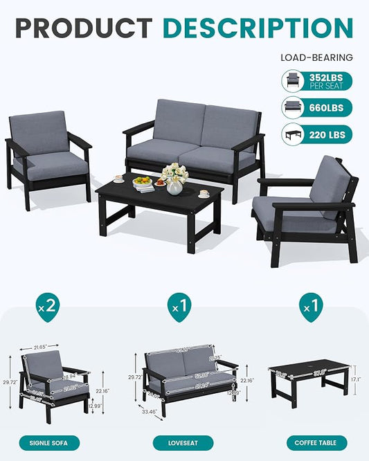 SERWALL 4 Piece HDPE Outdoor Furniture Set, All Weather Wood-Like Outdoor Sofa Sectional Couch, Black Patio Furniture Set with Grey Cushions