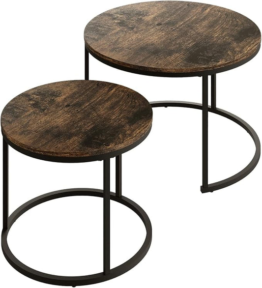 Living Room Side Table, Round Coffee Tables for Living Room, Modern Nesting Drink for Small Spaces, Set of 2 (Rustic Wooden)