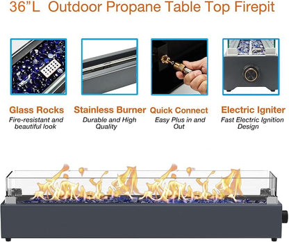 36-inch Table Top Propane Fire Pit, 40,000 BTU Tabletop Firepit for Patio, Outdoor Portable Rectangular Fire Bowl w/Wind Glass Shield, Glass Rocks - Carbon Gray