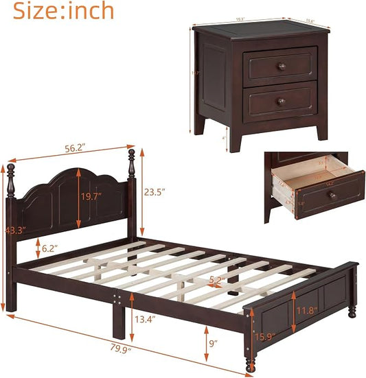 Harper & Bright Designs Bedroom Set Furniture, 3-Pieces Bedroom Sets, Full Size Wood Platform Bed and 2 Nightstands, Dark Walnut