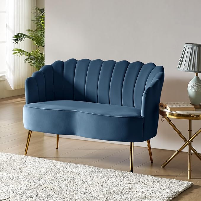 Velvet Upholstered Loveseat Sofa with Gold Metal Legs, Modern Comfy Small Love Seat with Flower Shaped Back, 2-Seater Sofa Accent Couch for Living Bedroom Leisure Areas, Slate Blue