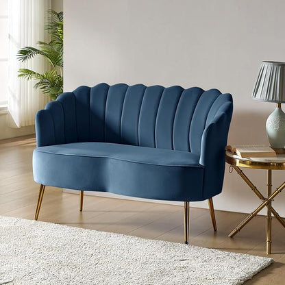 Velvet Upholstered Loveseat Sofa with Gold Metal Legs, Modern Comfy Small Love Seat with Flower Shaped Back, 2-Seater Sofa Accent Couch for Living Bedroom Leisure Areas, Slate Blue