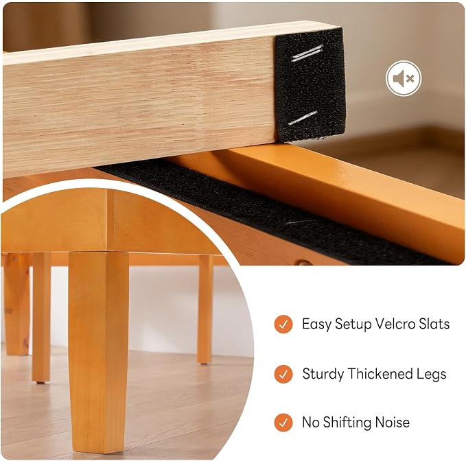 Sweetcrispy Queen Size Bed Frame 14 inch Heavy Duty Platform Bedframe, 1000 lbs Capacity, Underbed Storage, No Box Spring Needed, Wooden Slats, Easy Assembly with Velcro, Honey Finish