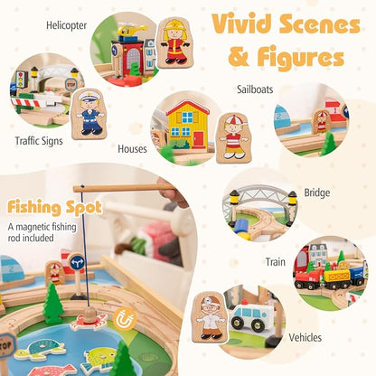 Costzon Train Table, 5 in 1 Kids Activity Wooden Set w/ 78 Pieces Railway Playset, Reversible Map Top, Blackboard, Building Bricks Station & Large Storage Space, Toddler Sensory Table for 18 M+