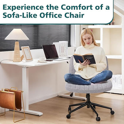 OLIXIS Criss Cross Chair with Wheels Wide Cross Legged Office Desk Vanity Chair Comfy Fabric Armless Height Adjustable Swivel for Home Computer Task Gray