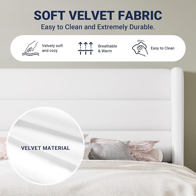 Allewie King Size Platform Bed Frame with Velvet Upholstered Wingback Headboard, No Box Spring Needed, Under Bed Storage Space, Strong Wooden Slats, Modern Mattress Foundation, Easy Assembly, White