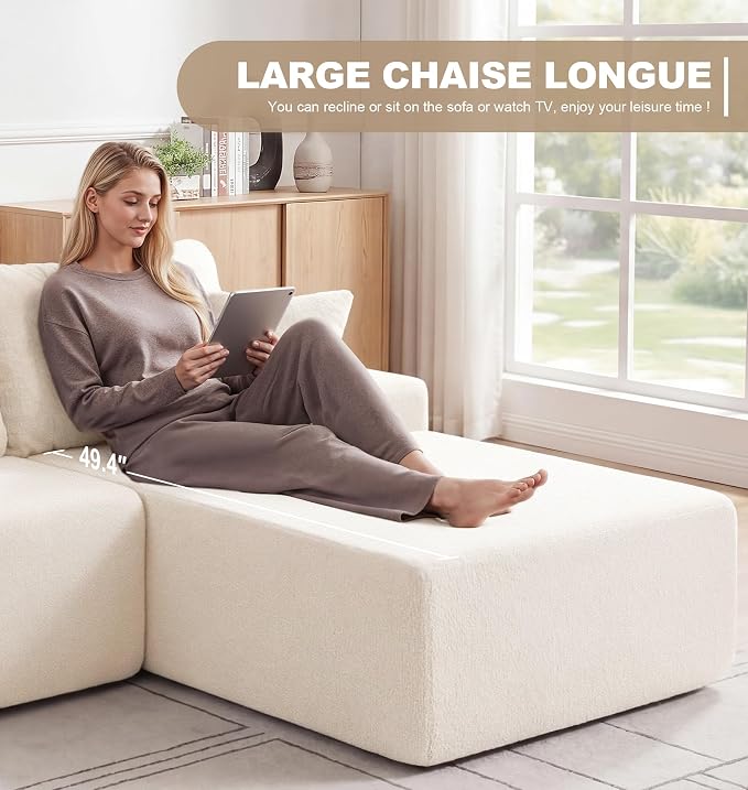 Hobestluk Modular Sectional Sofa Couches L-Shape Couch 3 Seat Modular Sofa Memory Foam Sectional Couches for Living Room, Cloud Couch with Oversized Chaise (White Smooth, 96", Right Hand Facing)