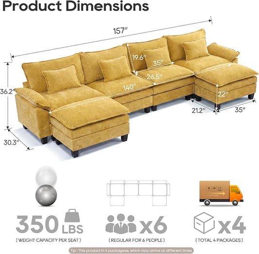 URRED Oversized Modular Sectional Sofa, 157" U Shaped Modern Comfy Cloud Couch with Movable Ottoman & Pillows, Deep Seat Couches for Living Room, Bedroom or Apartment (Chenille Yellow, 157" U Shaped)