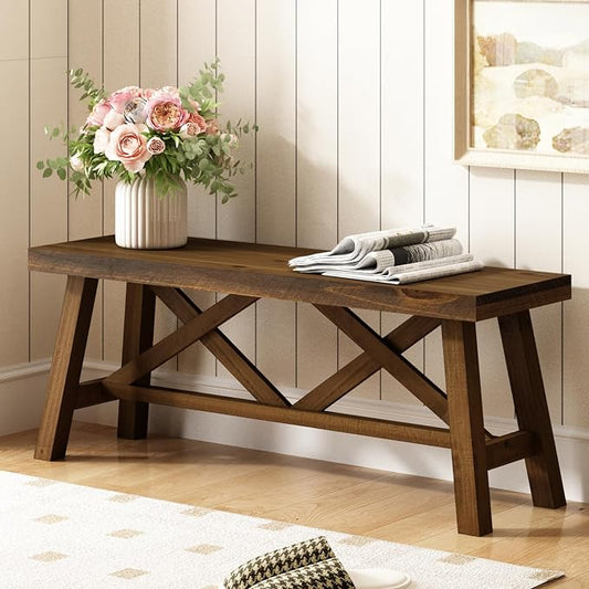 Wnutrees 43" Farmhouse Wood Bench, Rustic Solid Wood Entryway Bench Seat with Double X-Structure for Dining Area Living Room Hallway, Structural Stability, Natural