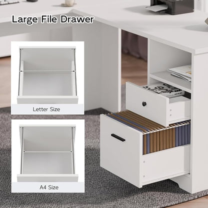 MU L Shaped Desk with File Cabinet, Corner Computer Desk with Storage Drawers, Large Home Office Table with Power Outlets, 60 Inch (White)