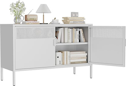 White Metal Storage Cabinet with 2 Magnetic Doors and Shelves, 2-Tier Low Metal Locker Accent Storage Cabinet with Vent Hole & Legs, TV Stand for Home Office, Entryway & Living Room