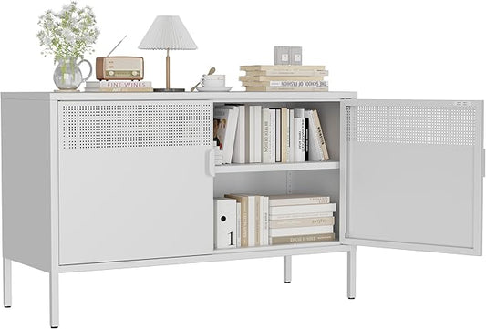 White Metal Storage Cabinet with 2 Magnetic Doors and Shelves, 2-Tier Low Metal Locker Accent Storage Cabinet with Vent Hole & Legs, TV Stand for Home Office, Entryway & Living Room