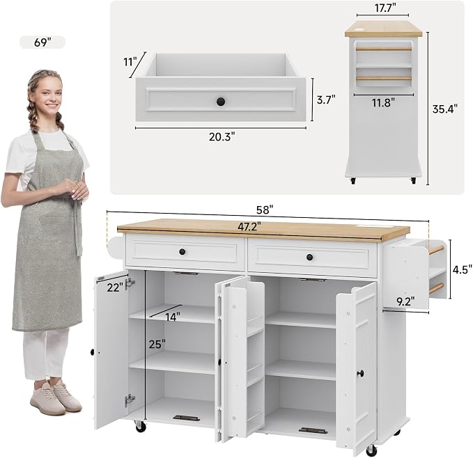 ONBRILL 58" Mobile Kitchen Island, Kitchen Island Cart with Power Outlet, Island Table for Kitchen, Home Bar Carts with Storage, Kitchen Rolling Island with Spice Rack & Towel Rack & Knife Holder
