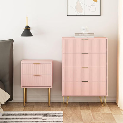 Masupu 4 Drawer Dresser, Drawer Chest, Tall Storage Dresser Chest Cabinet Organizer Unit with Gold Metal Legs, Nightstand for Bedroom, Living Room, Closet, Hallway Pink Stripe