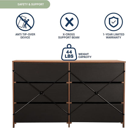 Modern 6-Drawer Dresser with Spacious Storage, Sturdy Wood Frame, Large Capacity Fabric Drawers, Dressers for Bedroom, Home Organization Storage for Living Room or Hallway, Walnut | 6-drawer dresser, fabric storage drawers, sturdy wood frame, bedroom o...