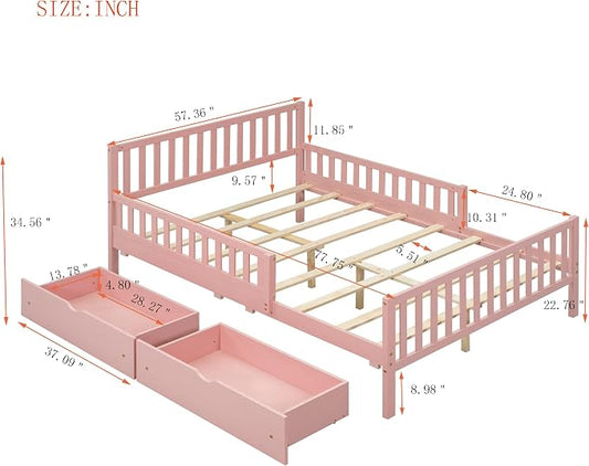 Kids Full Size Bed Frame with Storage Drawers, Wood Full Bed Frames for Kids, Full Bed Frame with Headboard and Footboard for Boys Girls, No Box Spring Needed,Pink