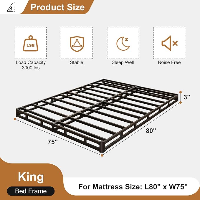 Lutown-Teen 3 Inch King Box Spring Low Profile, Heavy Duty Metal King Size Box Spring Bed Base with Fabric Cover, Mattress Foundation, Noise Free, Easy Assembly