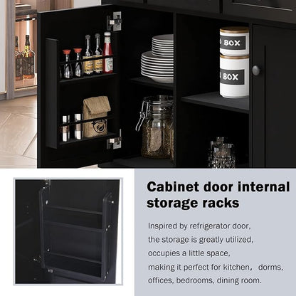 Large Kitchen Island with Rubber Wood Drop Leaf, Rolling Kitchen Cart with Ample Storage on Wheels with Doors and Drawers for Dining Room (Modern Black, Black Handle, 53Inch)