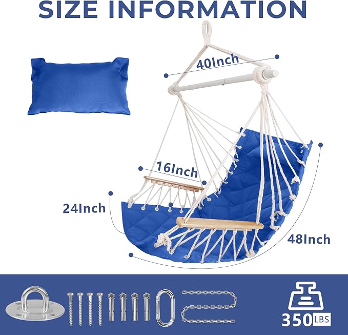 Hammock Chair Hanging Swing with Wooden Armrest;Steel Spreader Bar,Pillows,Hardware kit Included;Cotton Woven;Up to 350 Lbs,for Indoor Outdoor Blue
