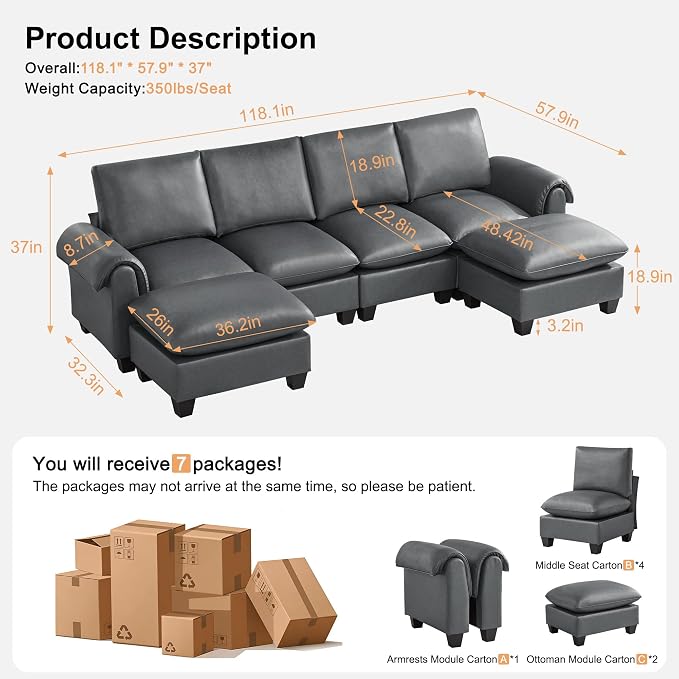 118" Faux Leather Modular Sectional Sofa with 2 Ottoman, Oversized 4 Seater Couch with Curved Armrests, Cloud Modern U-Shaped Sofa Deep Seat for Living Room, Grey