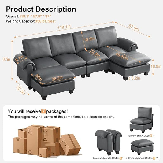118" Faux Leather Modular Sectional Sofa with 2 Ottoman, Oversized 4 Seater Couch with Curved Armrests, Cloud Modern U-Shaped Sofa Deep Seat for Living Room, Grey