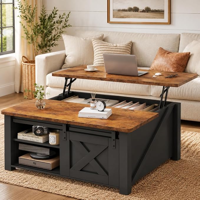Simple Deluxe Lift Top Coffee Table with Storage, Farmhouse Coffee Table for Living Room, Coffee Tables with Hidden Storage, Coffee Tables with Lifting Top Center Table for Living Room (Black)