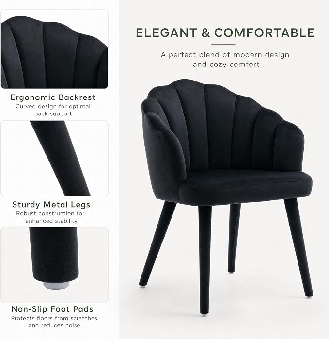 Hyfirm Velvet Dining Chairs Set of 2, Upholstered Modern Kitchen Dining Chairs with Petal Back & Fabric Covered Wooden Legs, Comfy Accent Armchairs for Bedroom/Kitchen/Vanity, Black
