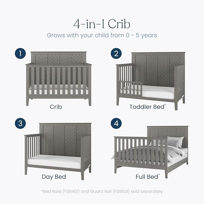 Child Craft Atwood 4-in-1 Convertible Baby Crib, Wooden Nursery Furniture Converts to Daybed, Toddler Bed and Full-Size Bed, 3 Mattress Height Adjustments, Non-Toxic Baby Safe Finish, Lunar Gray | 4-in-1 Crib