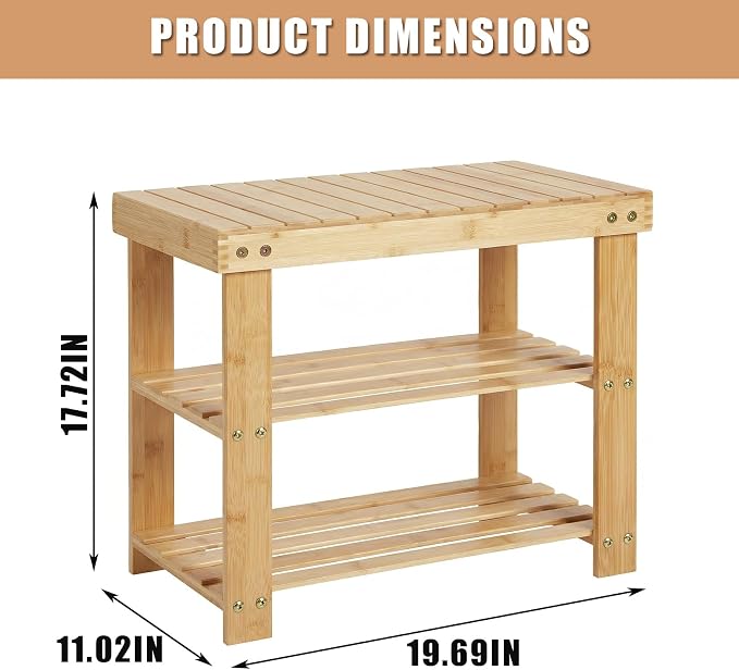 Sturdy 3-Tier Bamboo Shoe Rack Bench – Modern Entryway Organizer with Storage Shelf & Seating, Holds up to 130kg, Ideal for Closet, Bedroom, Living Room, 28.7 x 50 x 45.3 cm – Natural Wood Finish