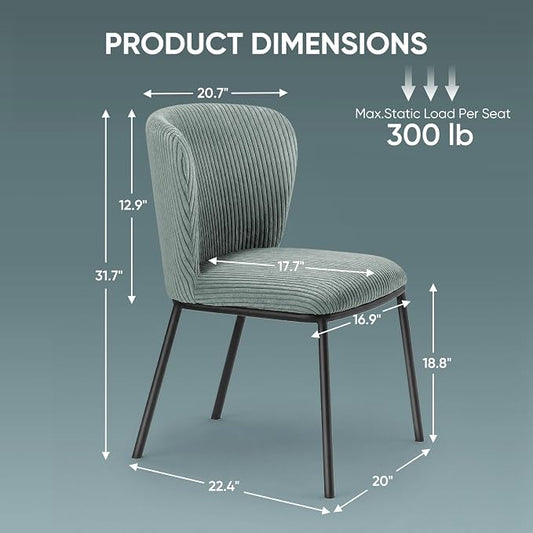 SIMTONAL Upholstered Dining Chairs Set of 2, Corduroy Armless Kitchen Chairs with Memory Foam Seat, Black Metal Legs, Mid Century Modern Accent Seating for Apartment, Vanity, [Sage Green]