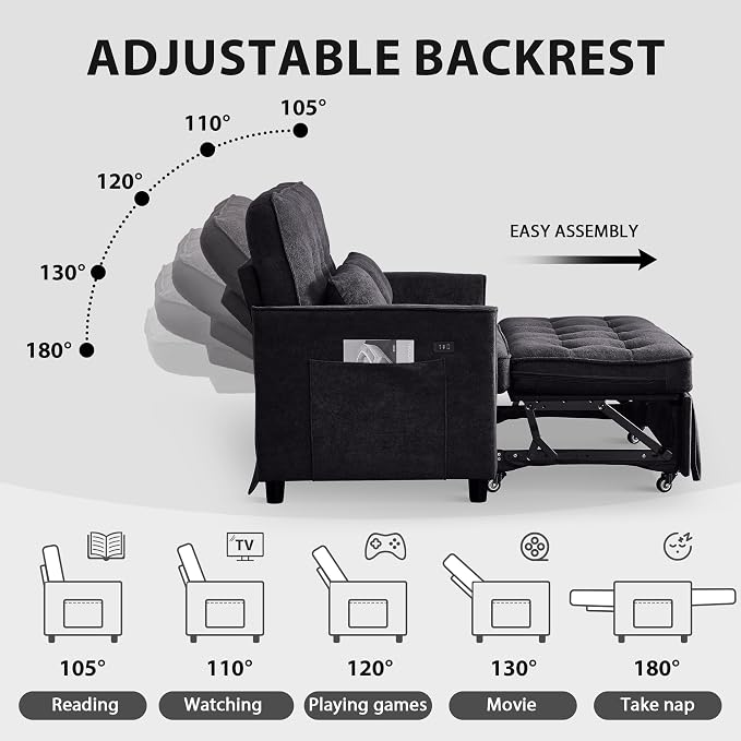 Convertible Sofa Bed, 3 in 1 Pull Out Couch, Loveseat Sleeper with Side Pocket, Sleeper Sofa with Adjustable Backrest | USB Charging Port | Two Pillows | Fabric | Charcoal Black