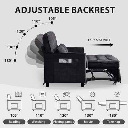 Convertible Sofa Bed, 3 in 1 Pull Out Couch, Loveseat Sleeper with Side Pocket, Sleeper Sofa with Adjustable Backrest | USB Charging Port | Two Pillows | Fabric | Charcoal Black