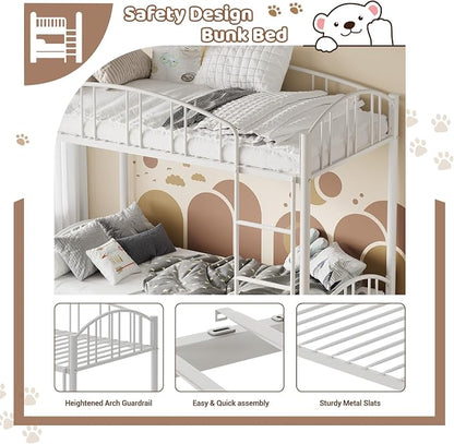 GarveeHome Metal Bunk Bed Twin Over Twin, Heavy Duty Bunkbeds Frame with Arched Guardrail and Safety Ladder, Sturdy Steel Bed for Kids Boys Girls, Space-Saving, No Box Spring Needed, Modern White