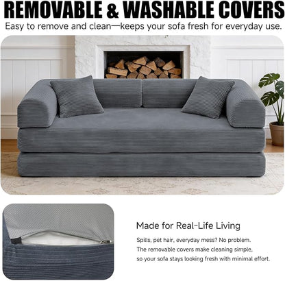 79'' Convertible Sofa Bed, Boneless Couch-in-a-Box, Corduroy Floor Futon Loveseat Sleeper, 26'' Deep Seat, Removable Machine-Wash Covers, No Assembly, 2 Pillows, Dark Grey
