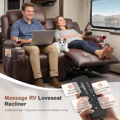 Power Loveseat Recliner with 2-Point Graphene Heat & Massage, Under-Seat Multi‑Color Adjustable LED Light Strips, Foldable Armrest, USB A/C, Wall Hugger Recliner Couch for RV Home Theater