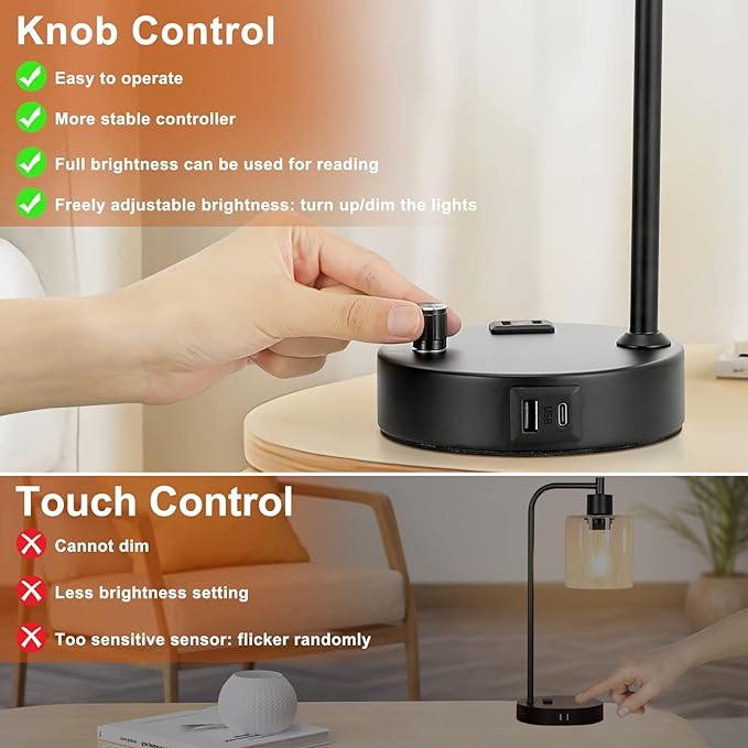 Industrial Bedroom Lamps for Nightstand Set of 2 - Fully Dimmable Bedside Lamps with USB A C Ports and Outlet, Black Table Lamps with Opal Glass Shade for Living Room, Desk Lamps for Office Reading